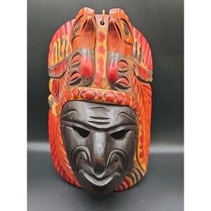 Tribal Mayan Aztec Hand Carved Wooden Face Mask Decorative Art Wall Painted
